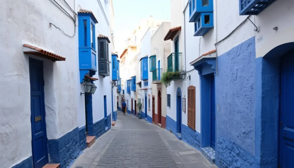 Narrow streets of Larache's medina with traditional blue and white buildings Narrow streets of Larache's medina with traditional blue and white buildings