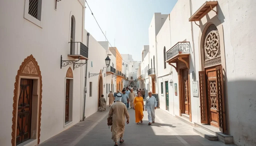 Narrow streets of Muttrah with traditional architecture and pedestrians exploring the area Narrow streets of Muttrah with traditional architecture and pedestrians exploring the area