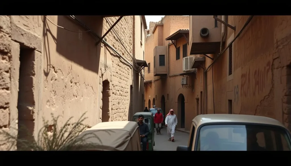 Narrow streets of Sana'a Old City with traditional Yemeni architecture and local transportation