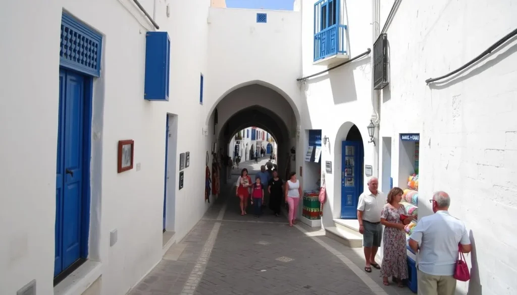 Narrow streets of Sousse medina with traditional architecture and shops - UNESCO world heritage site in Tunisia