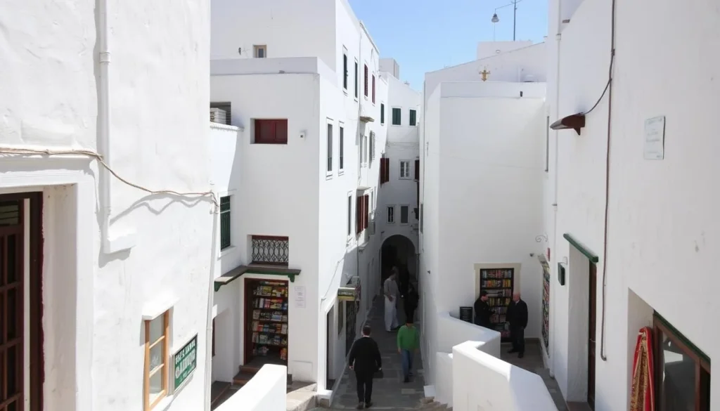 Narrow streets of Tetouan's medina with pedestrians walking through the white-washed alleyways