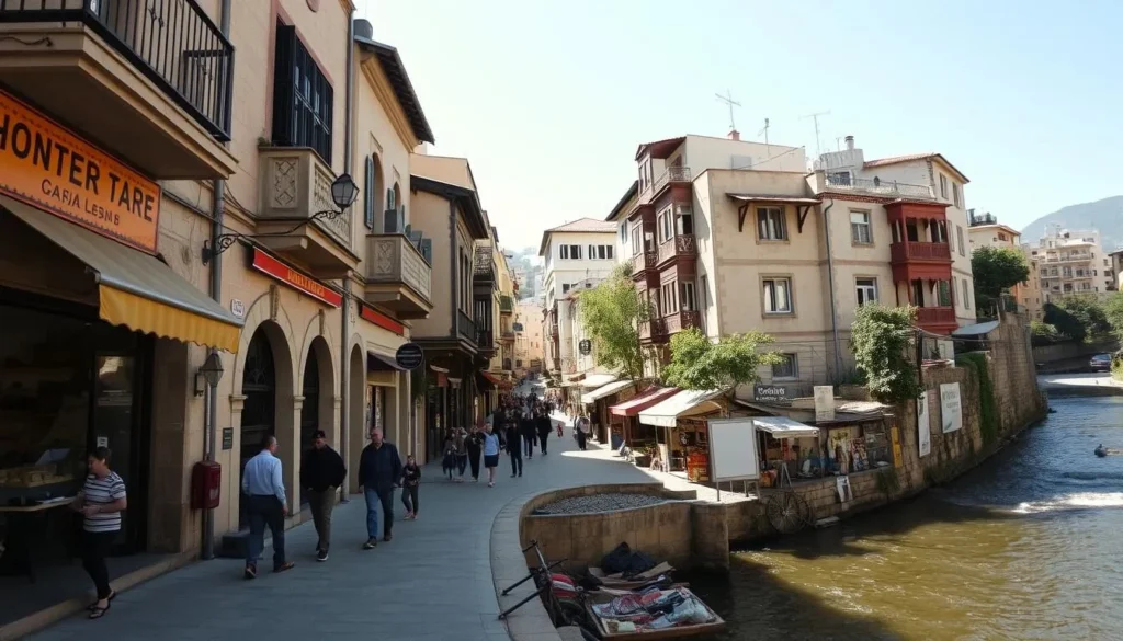 Narrow streets of Zahle with traditional Lebanese architecture and people walking along the Berdawni River