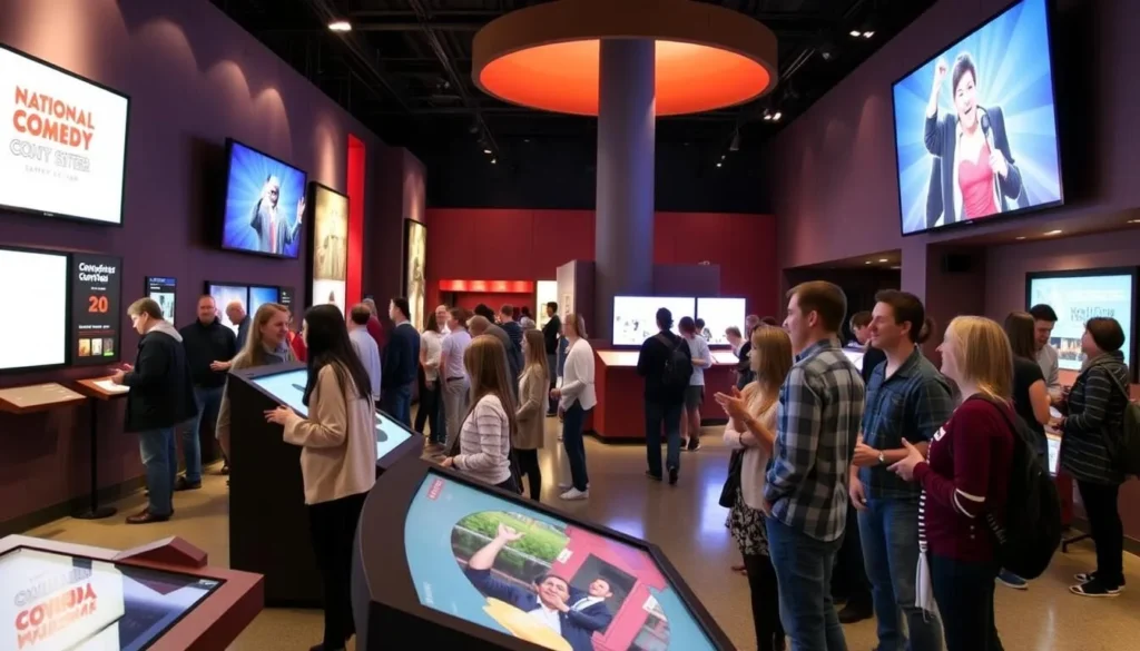 National Comedy Center interactive exhibit in Jamestown New York with visitors engaging with displays