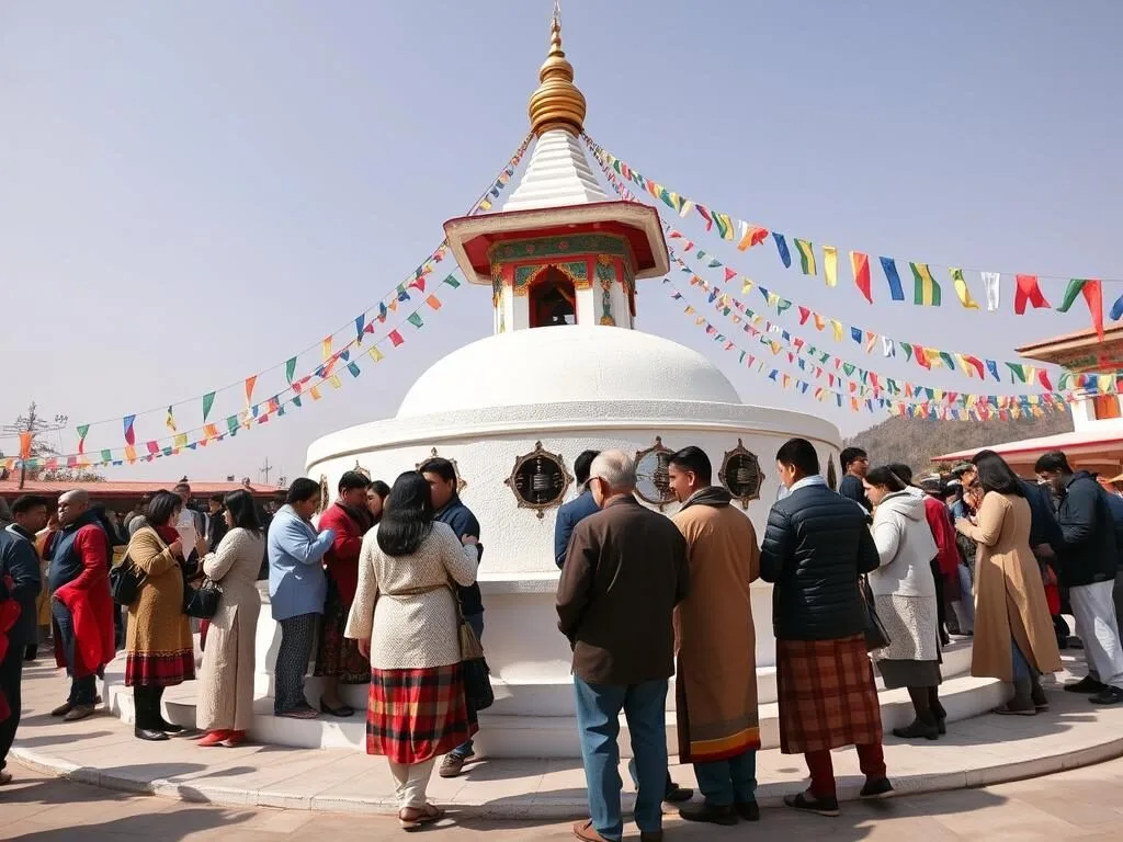 National Memorial Chorten with Bhutanese people circumambulating and spinning prayer wheels