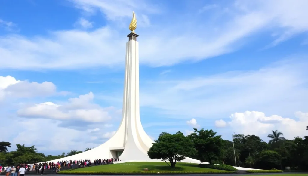National Monument (Monas) in Jakarta during shoulder season with partly cloudy skies, showing good weather conditions for a trip to Jakarta, Indonesia