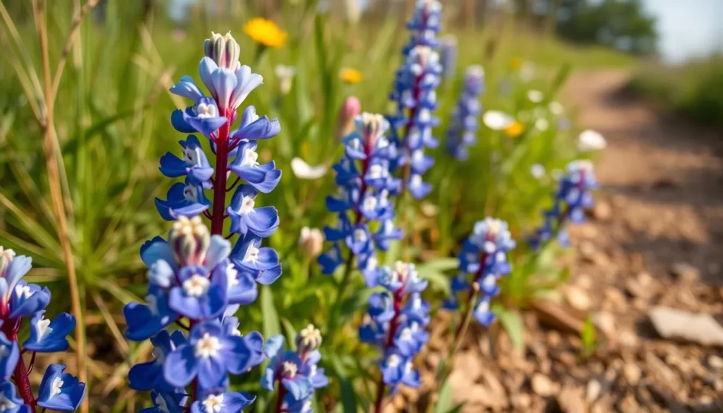 Native Texas wildflowers blooming along a trail at Cleburne State Park