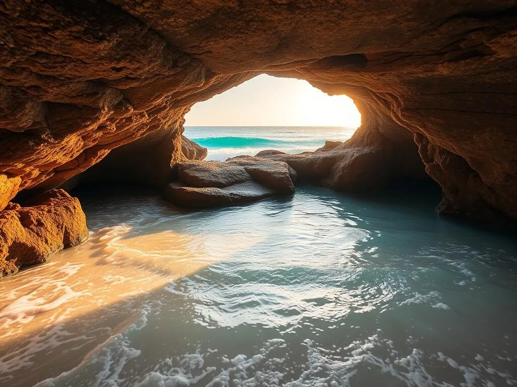 Natural beachside cave pool at Fitts Village Barbados at golden hour