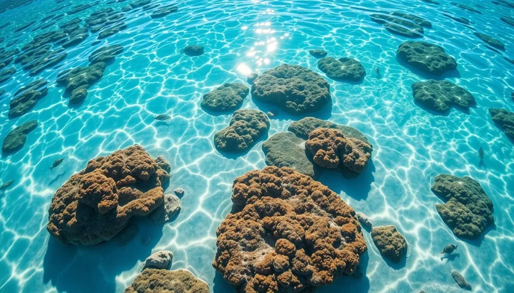 Natural coral pools at low tide in Maracaipe with clear turquoise water