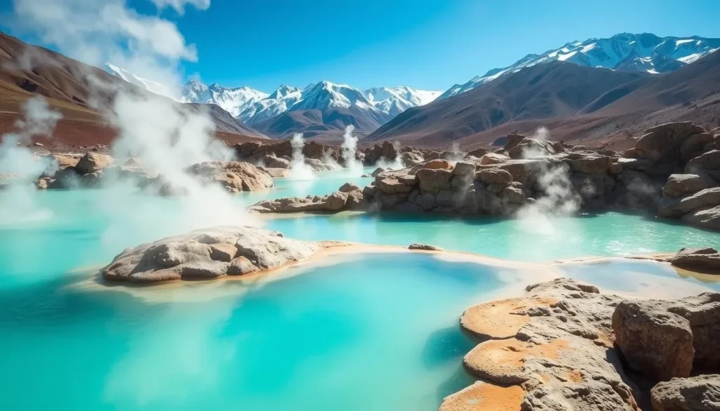 Natural hot springs in Sajama National Park with mountains in the background