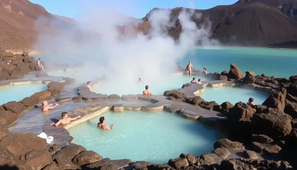 Natural hot springs near Segara Anak Lake with steam rising from the water Natural hot springs near Segara Anak Lake with steam rising from the water