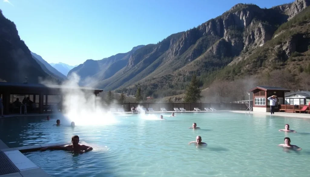 Natural hot springs pool in Ouray Colorado with mountain views, enjoyable during all months of the year