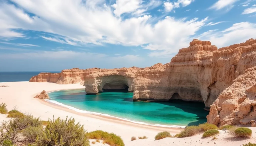 Natural landscape of Fuwairit Beach showing the unique rock formations and turquoise waters