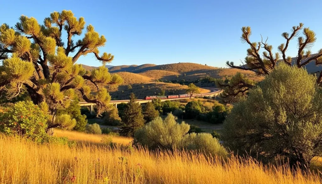 Natural landscape surrounding Railtown 1897 State Historic Park showing oak-studded hills and Gold Country terrain
