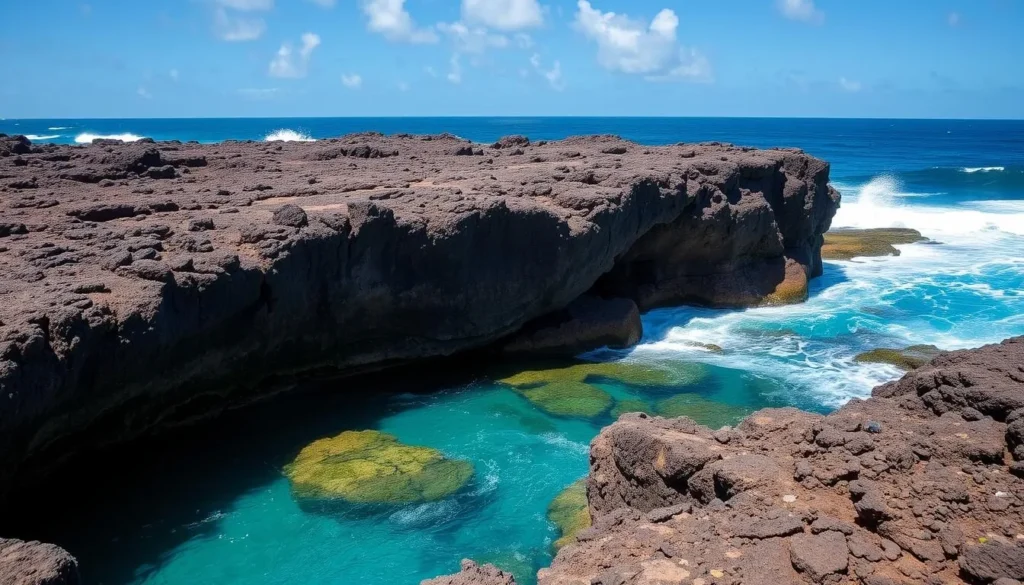 Natural pool at Arikok National Park with waves crashing against rocks