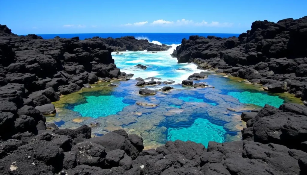 Natural pools at Grand Fond with dramatic volcanic rocks and turquoise water