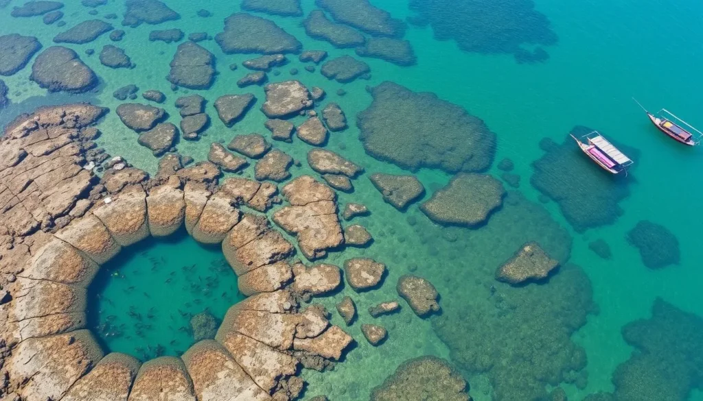 Natural pools of Porto de Galinhas at low tide with colorful fish swimming in crystal clear water