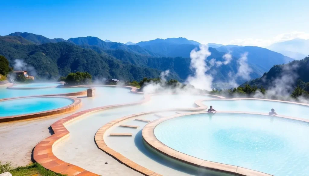 Natural thermal hot springs near Manizales with steaming pools surrounded by mountains