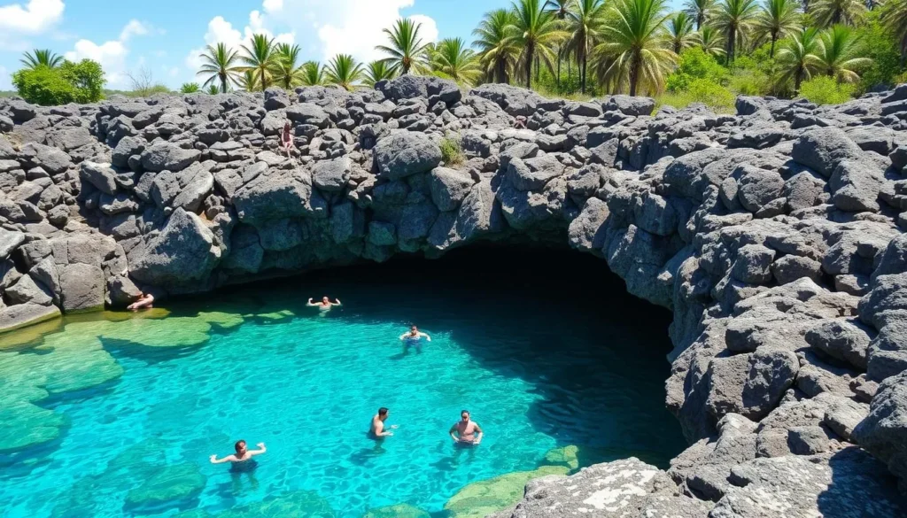 Natural wading pool at Hell's Gate Island with crystal clear water surrounded by volcanic rocks Natural wading pool at Hell's Gate Island with crystal clear water surrounded by volcanic rocks
