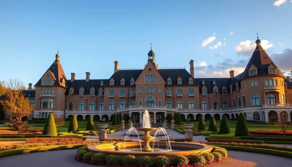 Nemacolin Resort in Laurel Highlands, Pennsylvania showing the chateau-style main building surrounded by gardens