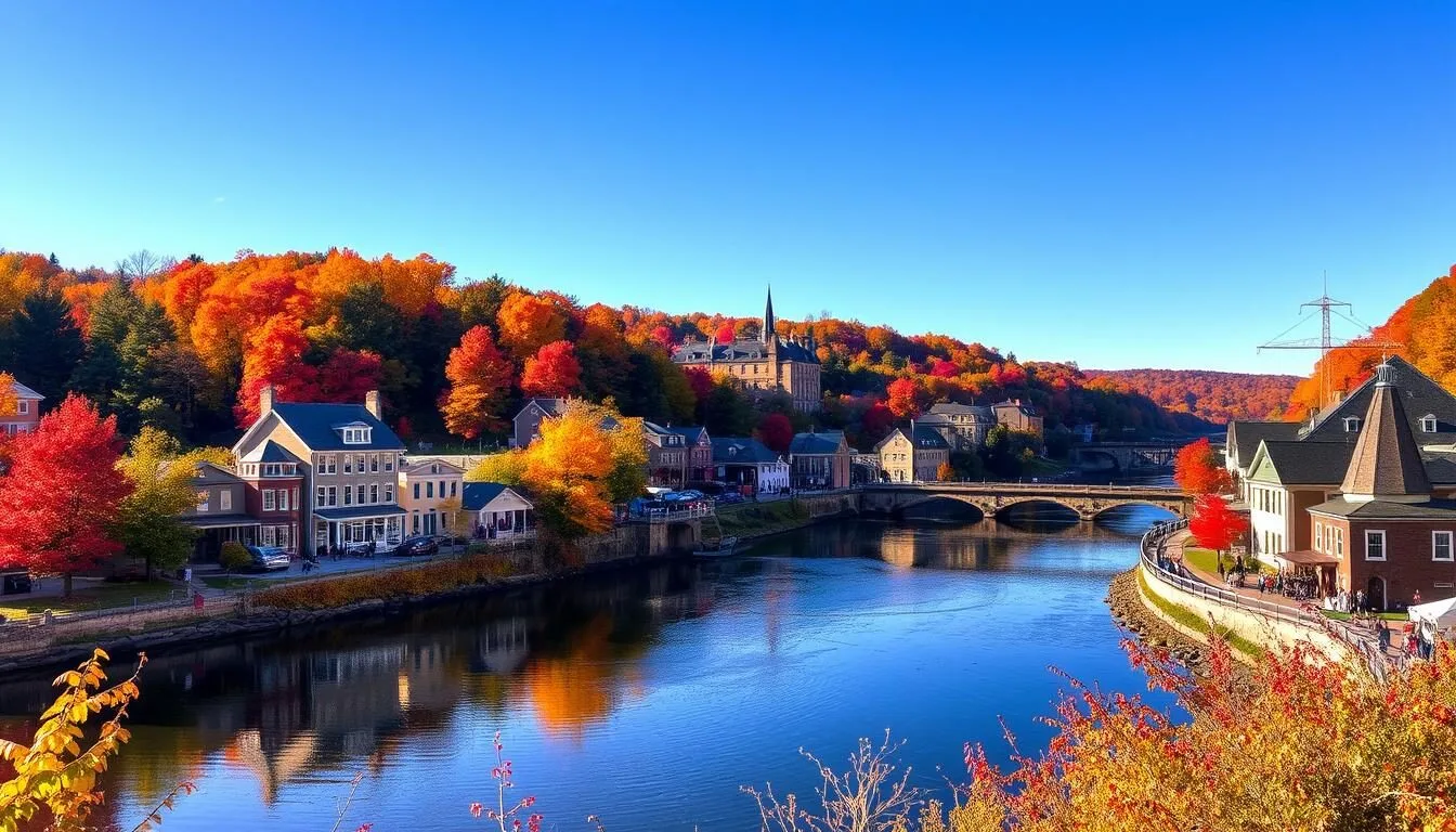New-Hope-Pennsylvania-in-autumn-with-colorful-fall-foliage-along-the-Delaware-River New Hope, Pennsylvania in autumn with colorful fall foliage along the Delaware River