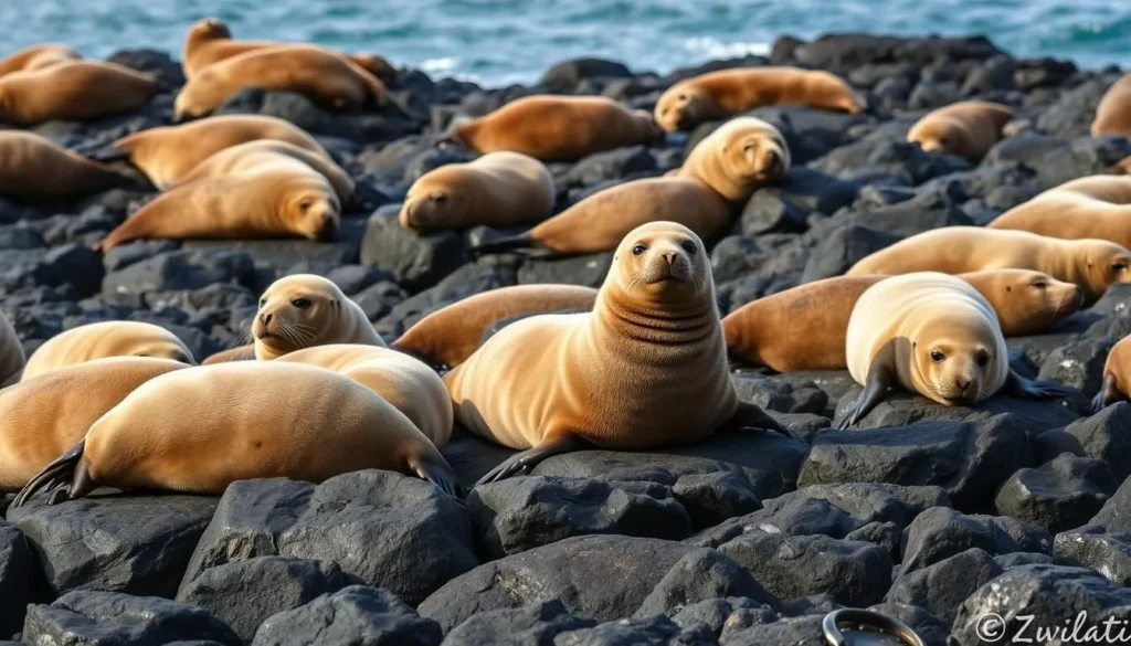 New Zealand fur seals resting on rocks along the Kaikoura coastline
