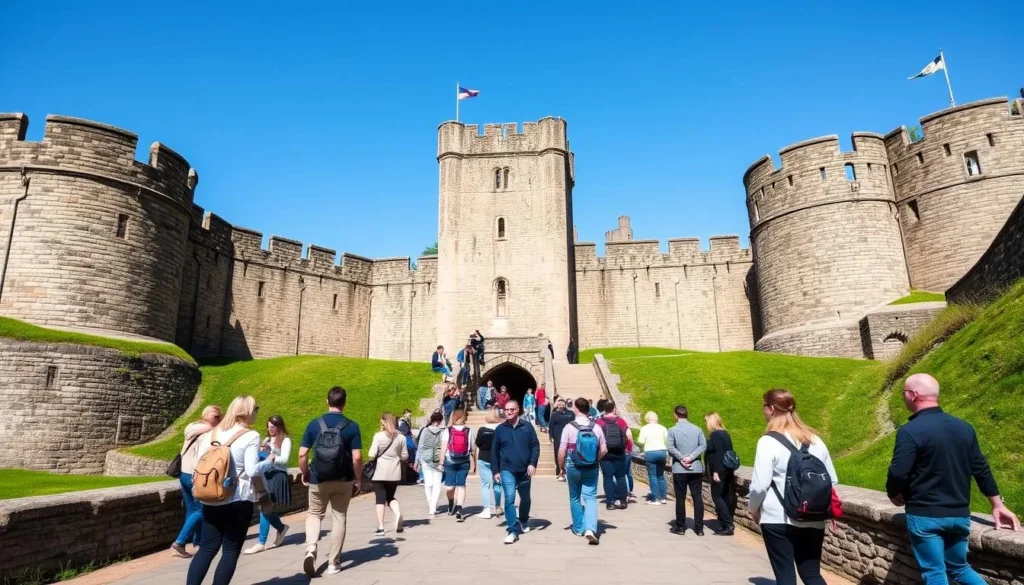 Newcastle Castle with tourists exploring the historic fortress