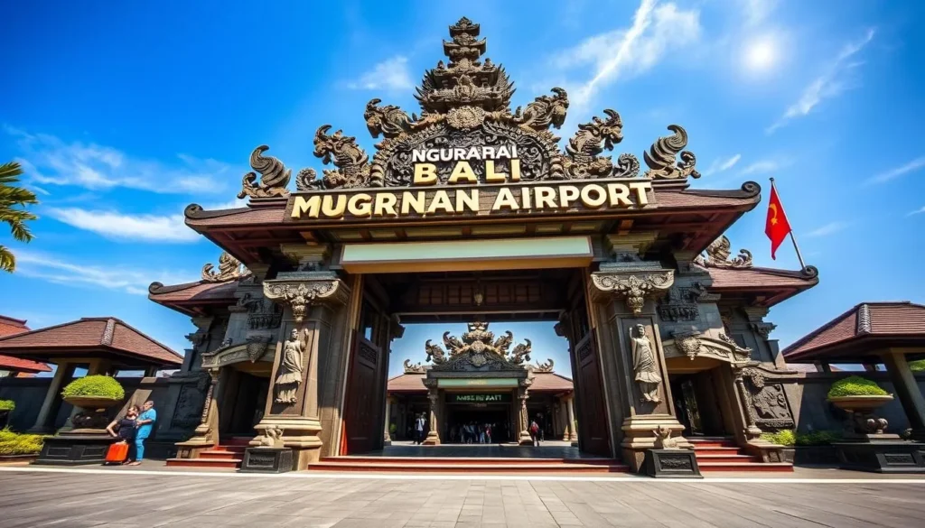 Ngurah Rai International Airport entrance with traditional Balinese architectural elements