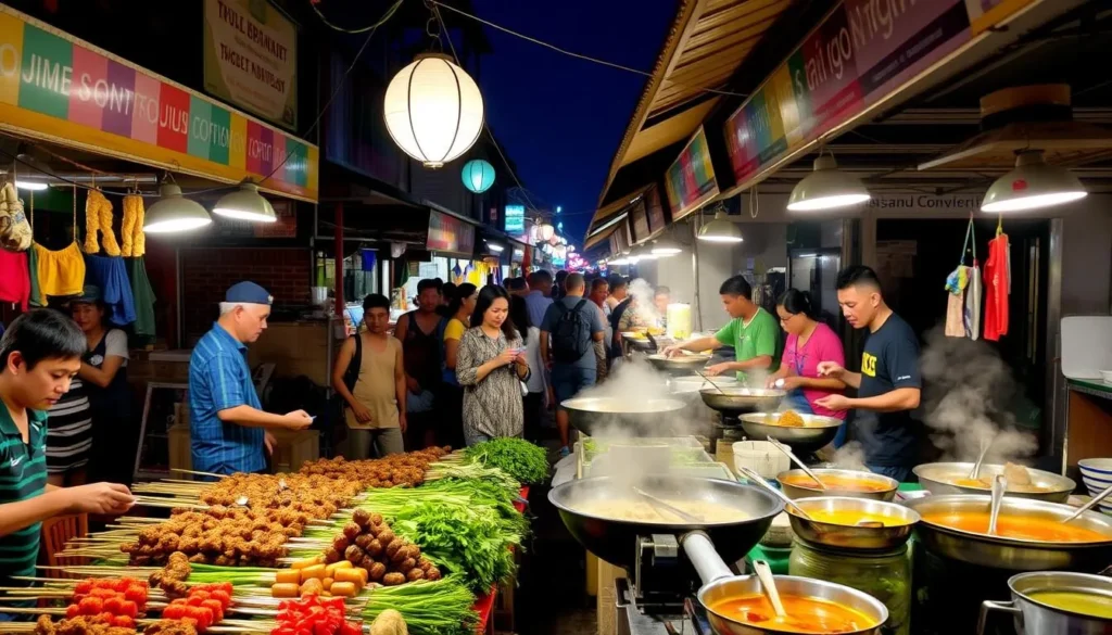 Night market food stalls in Savannakhet, Laos with local vendors and colorful dishes