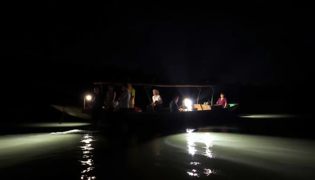 Night safari boat tour on Nam Nern River in Nam Et-Phou Louey National Protected Area