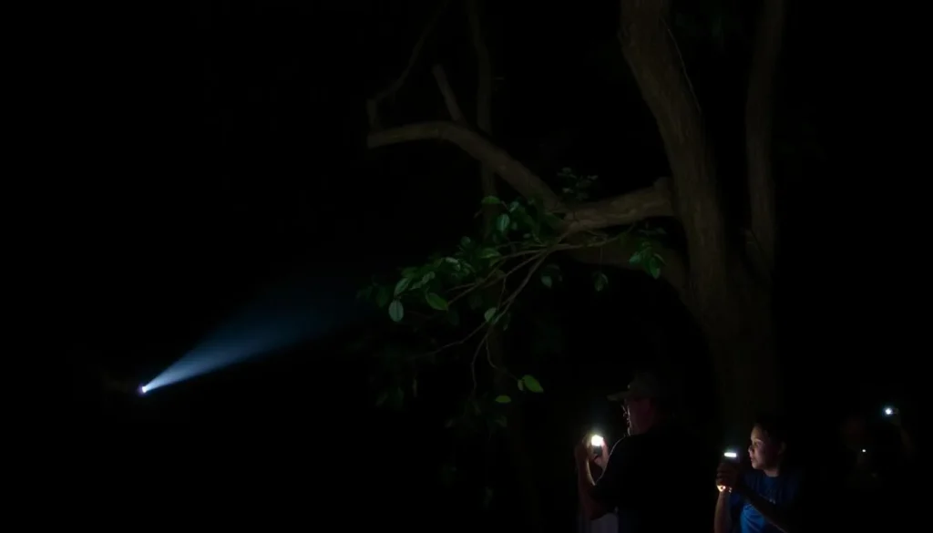 Night safari in the Amazon rainforest near Leticia with flashlights illuminating nocturnal wildlife Night safari in the Amazon rainforest near Leticia with flashlights illuminating nocturnal wildlife