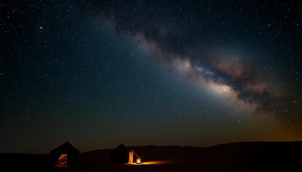 Night sky full of stars over Jebil National Park desert camp with silhouettes of tents