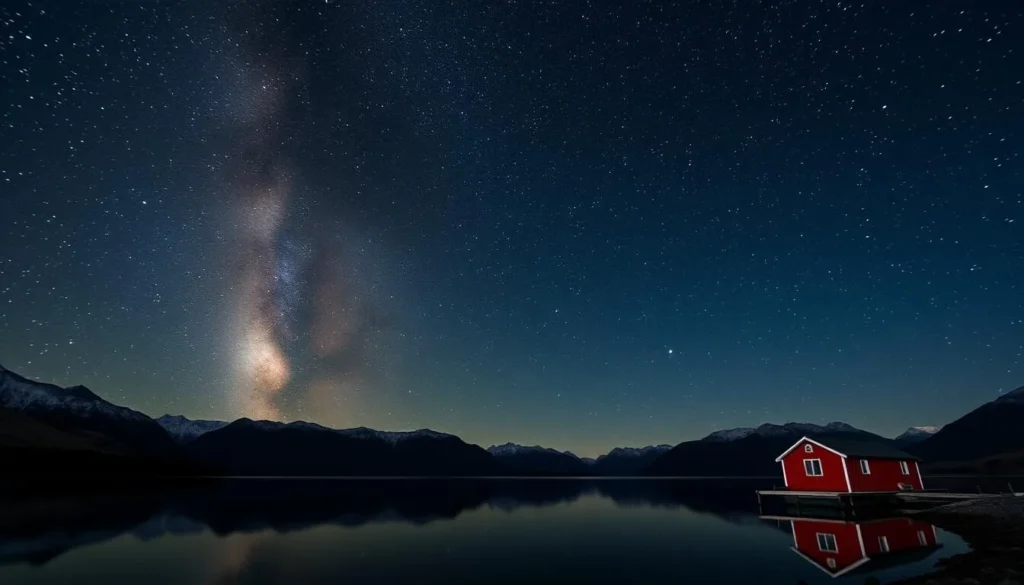 Night sky with Milky Way over Glenorchy's red shed and Lake Wakatipu