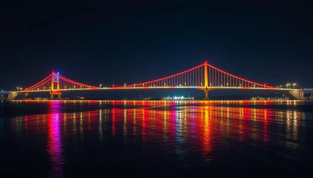 Night view of Suramadu Bridge in Surabaya with colorful illumination reflecting on the water