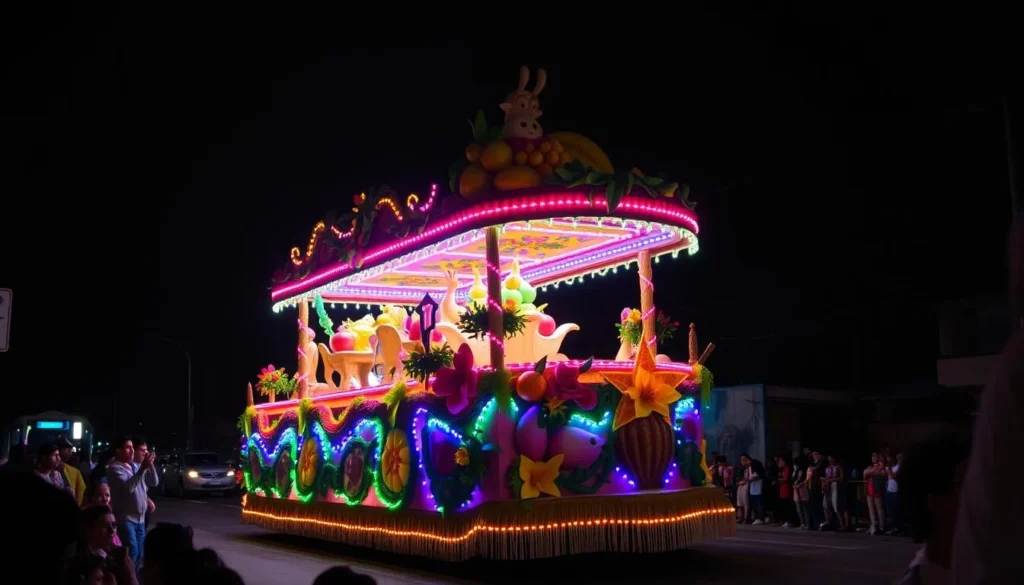 Nighttime parade during Ambato's Fiesta de las Flores y las Frutas with illuminated floats Nighttime parade during Ambato's Fiesta de las Flores y las Frutas with illuminated floats