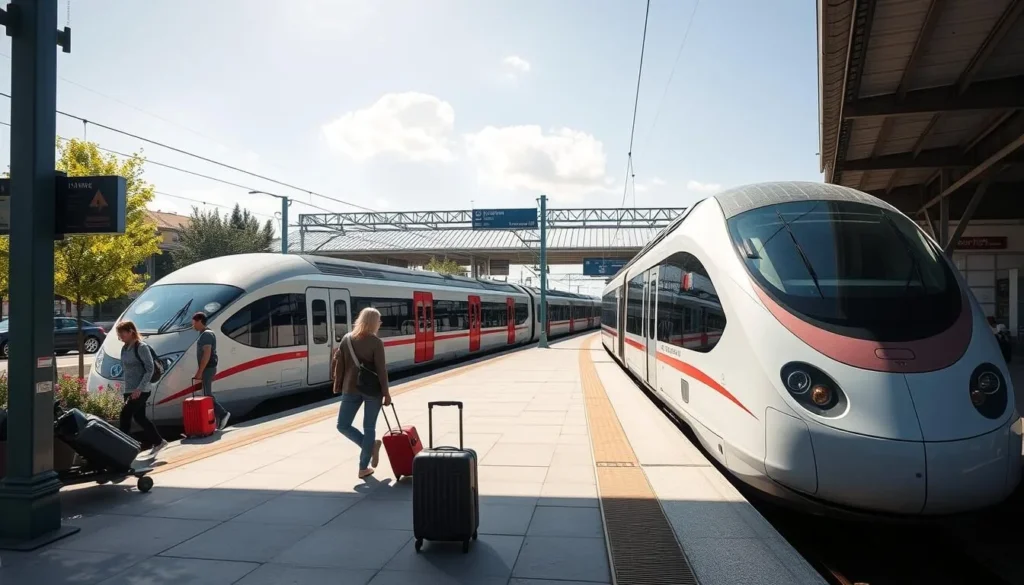 Nimes train station with TGV train and travelers arriving in spring