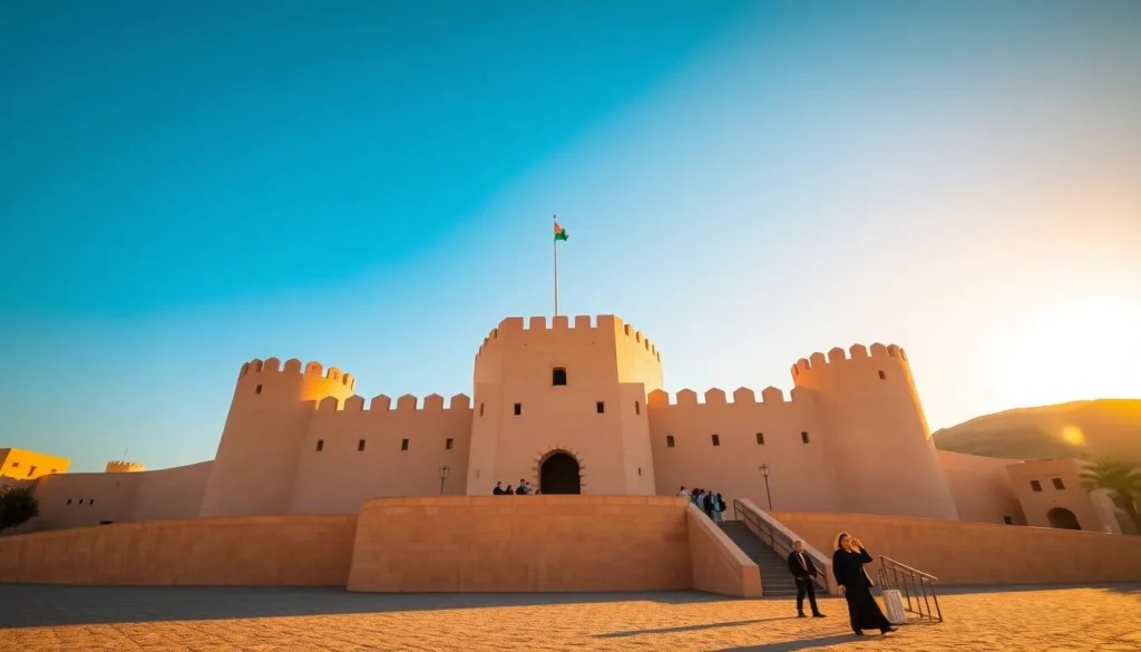 Nizwa Fort during golden hour with perfect weather conditions, showing the best time to visit Nizwa, Oman