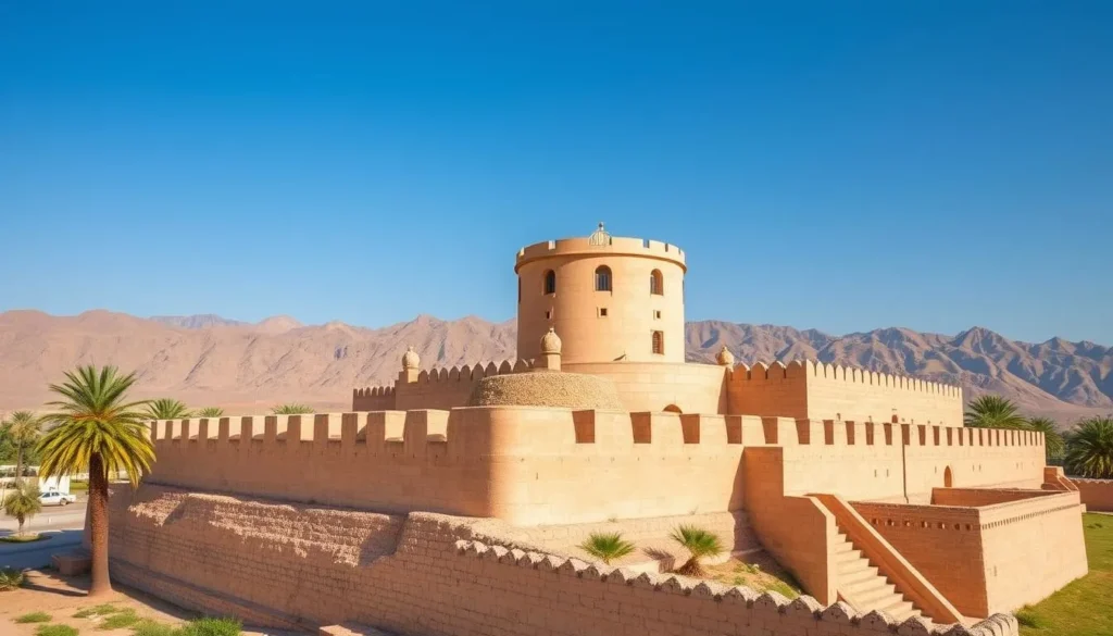 Nizwa Fort in Oman with mountains in background Nizwa Fort in Oman with mountains in background