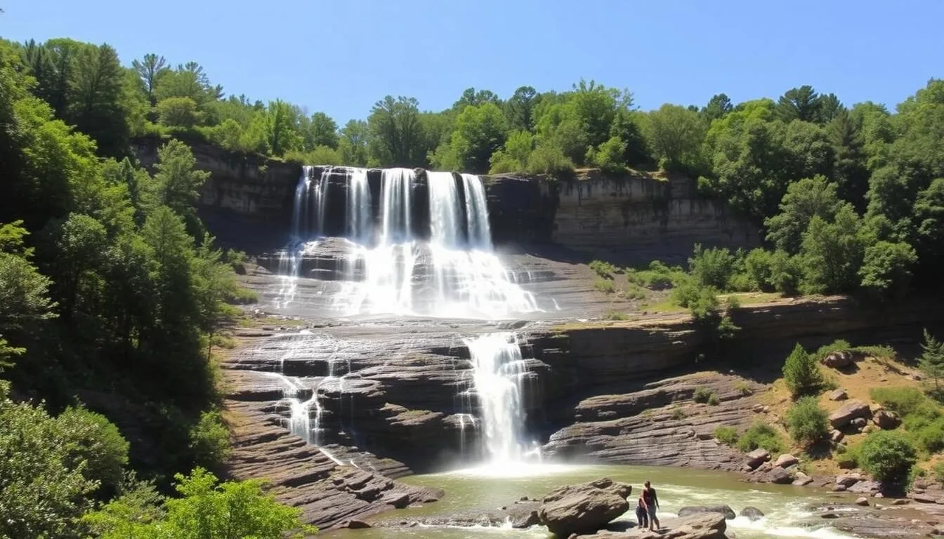 Noccalula Falls in Gadsden Alabama, showing the 90-foot waterfall cascading down rocky cliffs surrounded by lush green forest