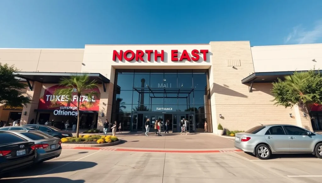 North East Mall in Hurst Texas showing the main entrance with shoppers North East Mall in Hurst Texas showing the main entrance with shoppers