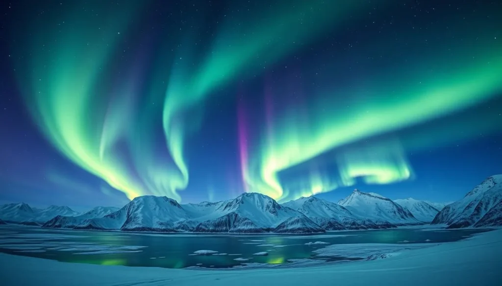 Northern Lights dancing over snowy Greenland landscape in winter