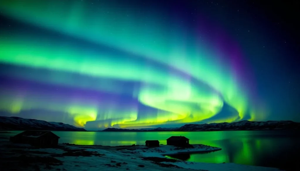 Northern Lights dancing over the Arctic landscape near Etah, Greenland Northern Lights dancing over the Arctic landscape near Etah, Greenland