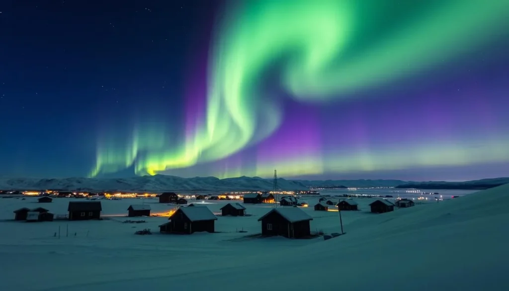 Northern Lights over Sisimiut, Greenland in winter with snow-covered landscape