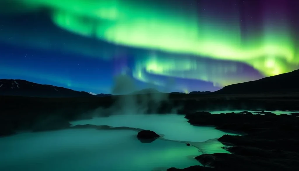 Northern Lights over Uunartoq hot springs in early fall, with steam rising from the water