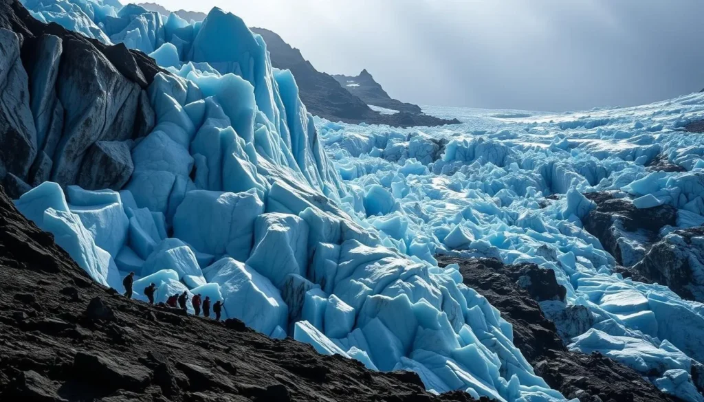 Northwall Firn Glacier on Sumantri Peak showing ice formations and trekkers