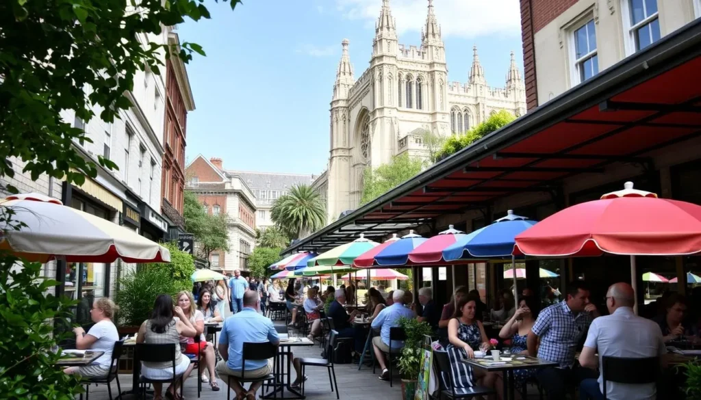 Norwich, England things to do in summer - people enjoying outdoor cafes near Norwich Cathedral