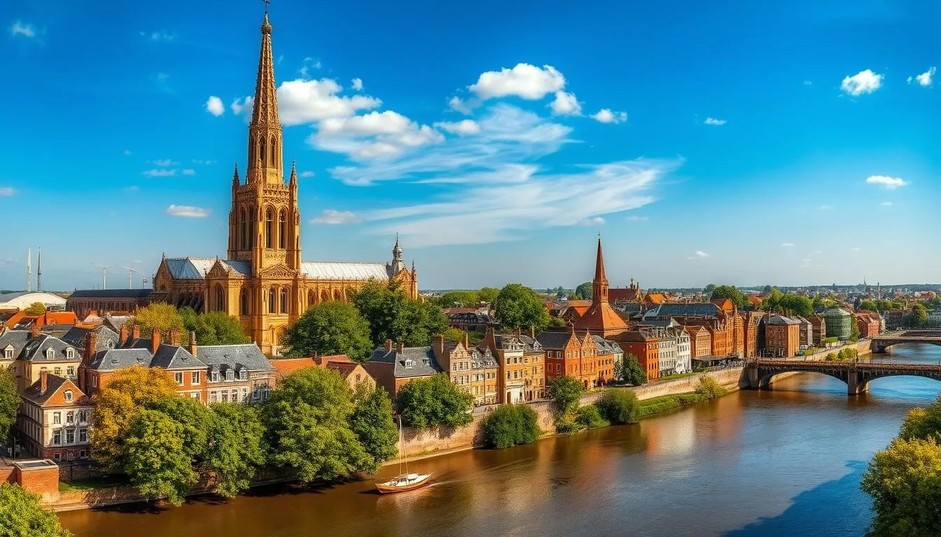 Norwich cityscape showing the cathedral spire and medieval buildings on a sunny day