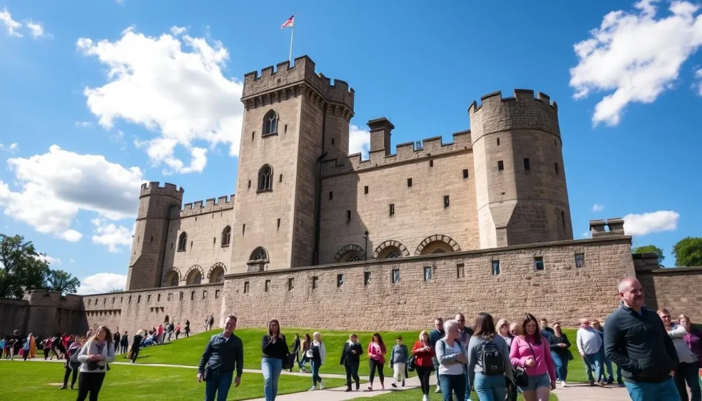 Nottingham Castle with visitors exploring the grounds Nottingham Castle with visitors exploring the grounds