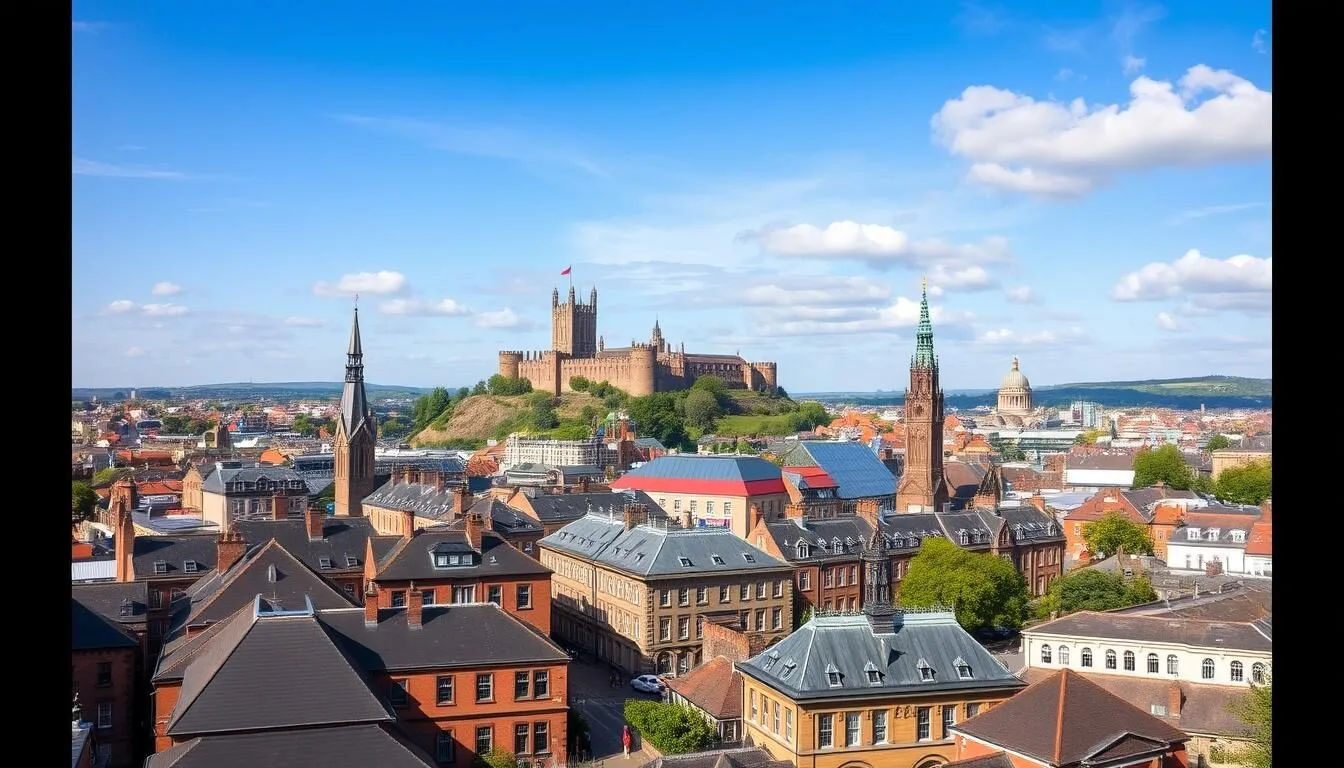 Nottingham-skyline-view-showing-the-castle-and-city-center-on-a-sunny-day Nottingham skyline view showing the castle and city center on a sunny day