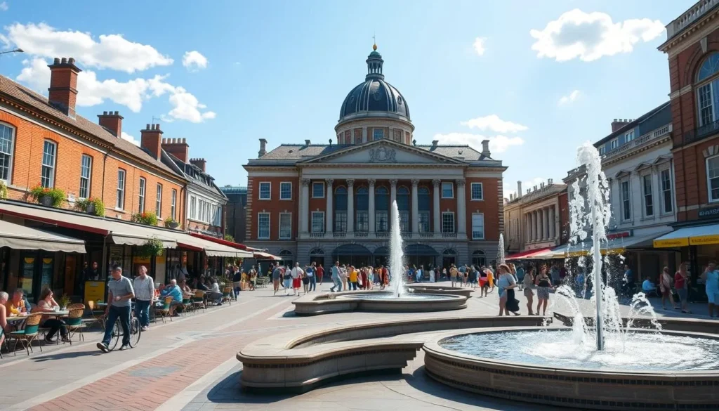 Nottingham's Old Market Square during summer with people enjoying outdoor cafes Nottingham's Old Market Square during summer with people enjoying outdoor cafes