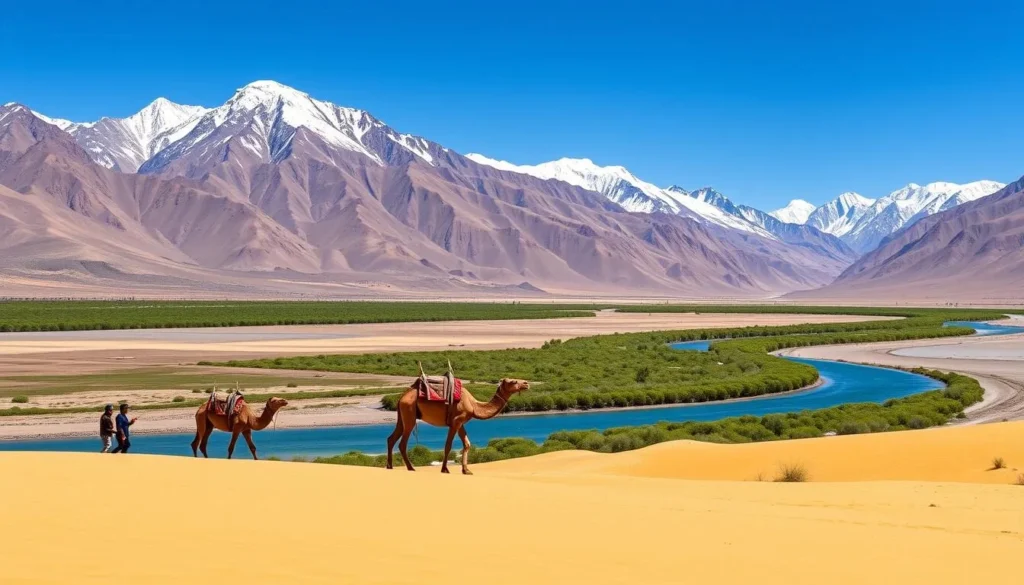 Nubra Valley landscape showing sand dunes, Bactrian camels, and snow-capped mountains in the background